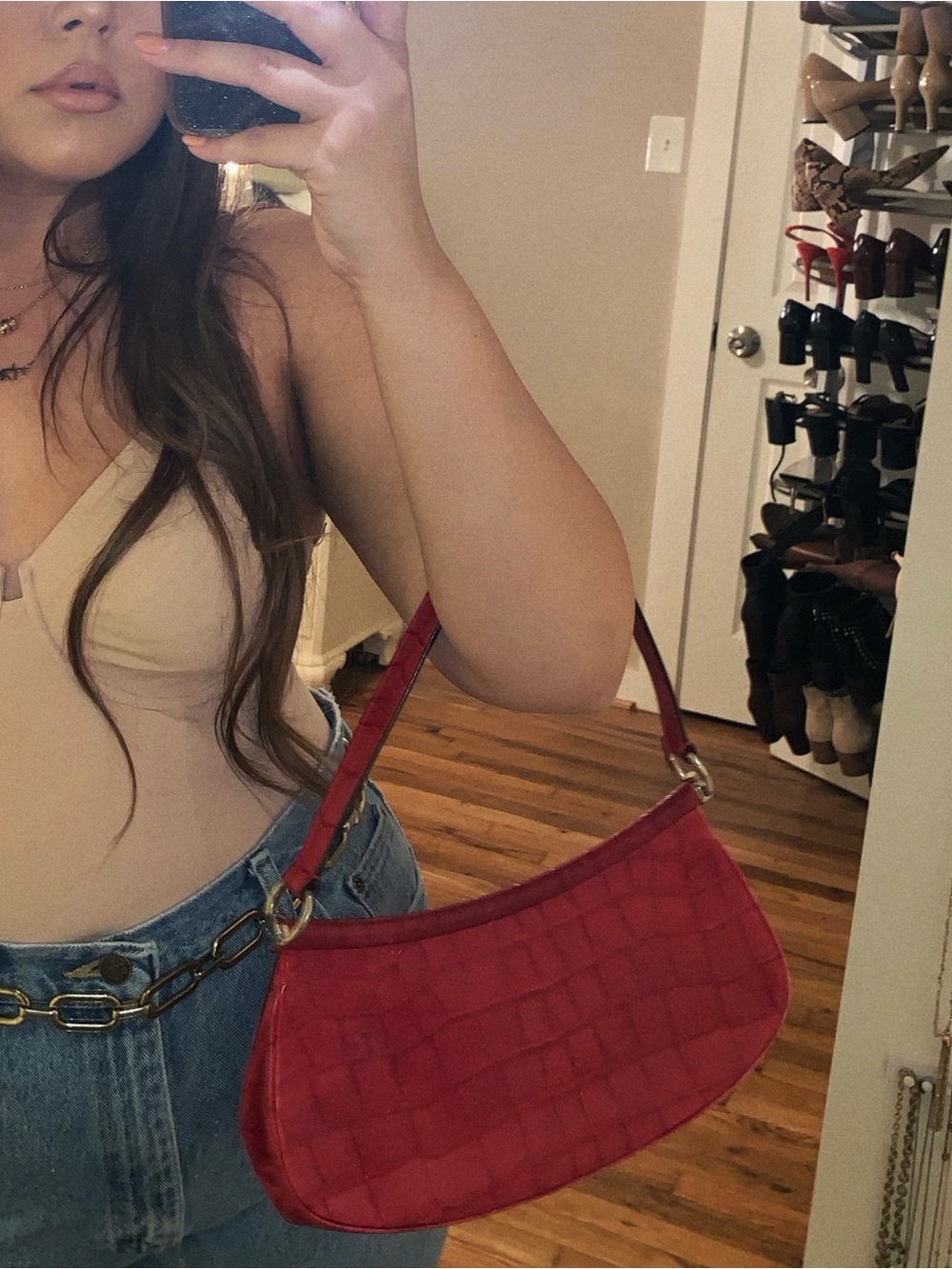Vintage ESCADA Cherry Red Croc Leather  Shoulder bag